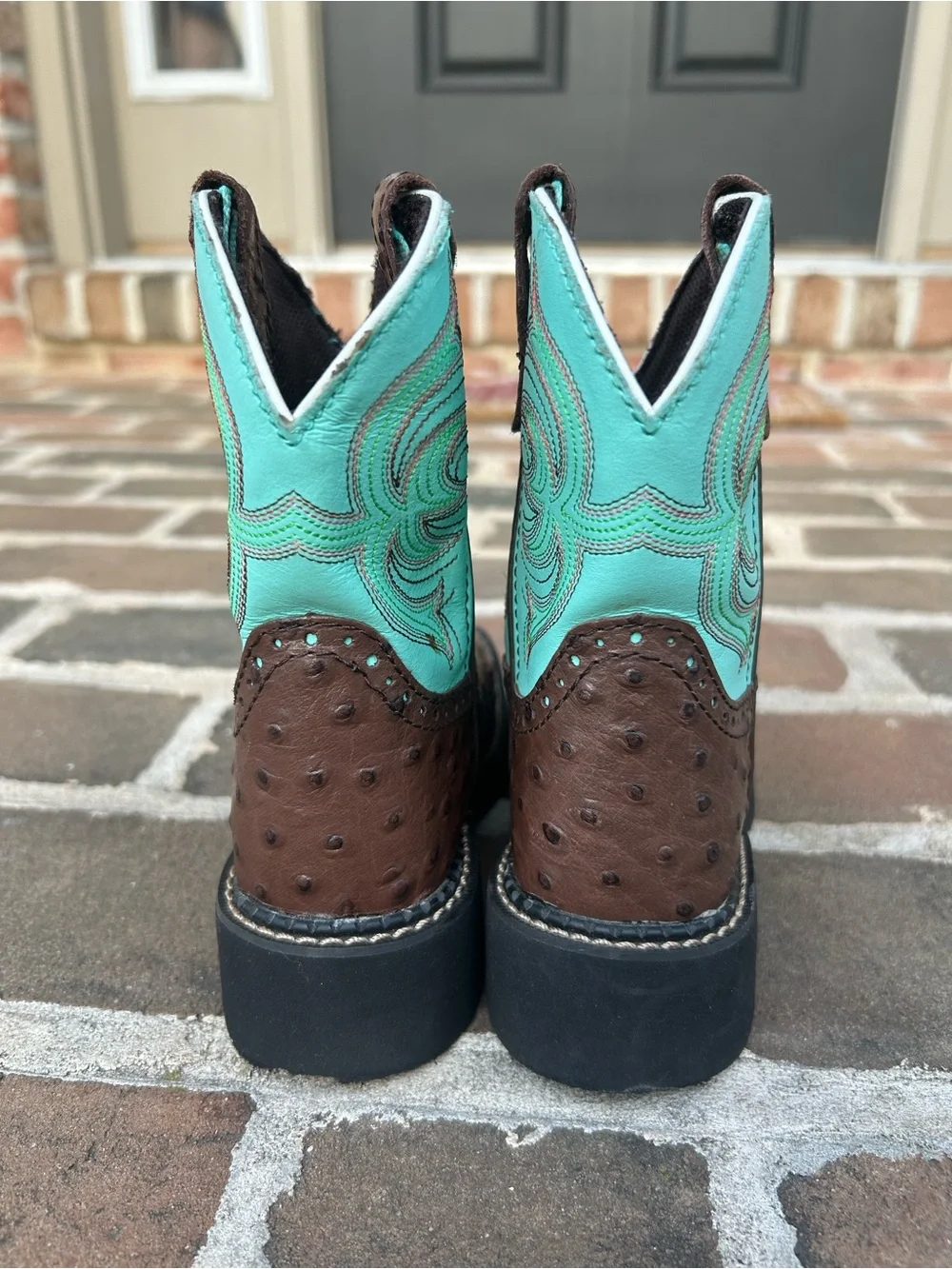 Justin Gypsy Ostrich Western Boots Chocolate Brown Turquoise Leather Girls 12